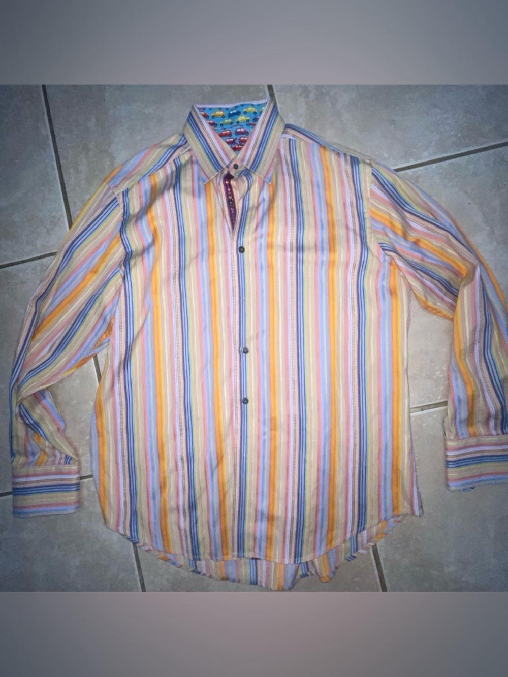 Nice Mens Robert Graham Button Front Shirt Large M Colorful Striped Cars.